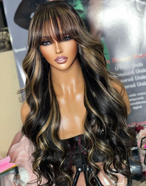 Highlight Honey Blonde Body Wave Wig With Bangs Human Hair Wigs Alimice Hair
